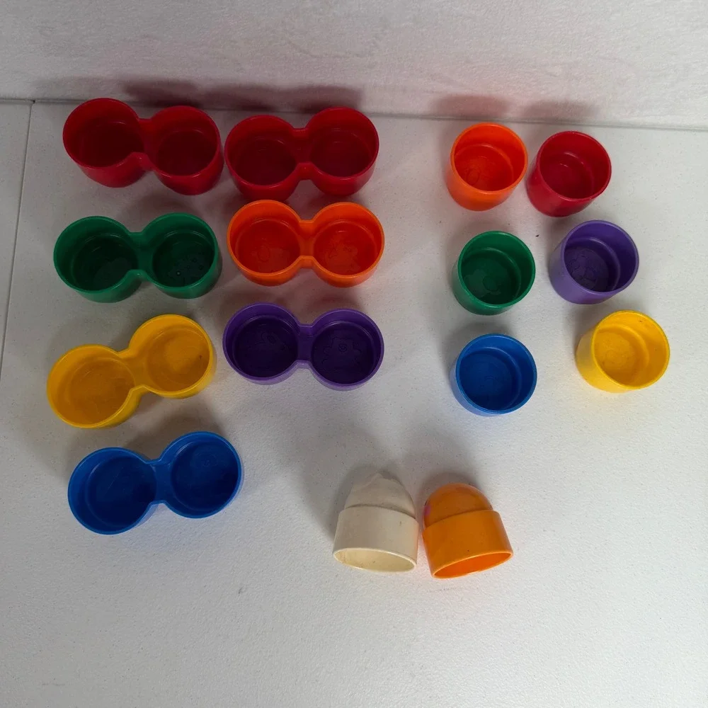 Fisher-Price 1996 Vintage Stacking Blocks Set Rattle Dog Chick Toppers 15pc
